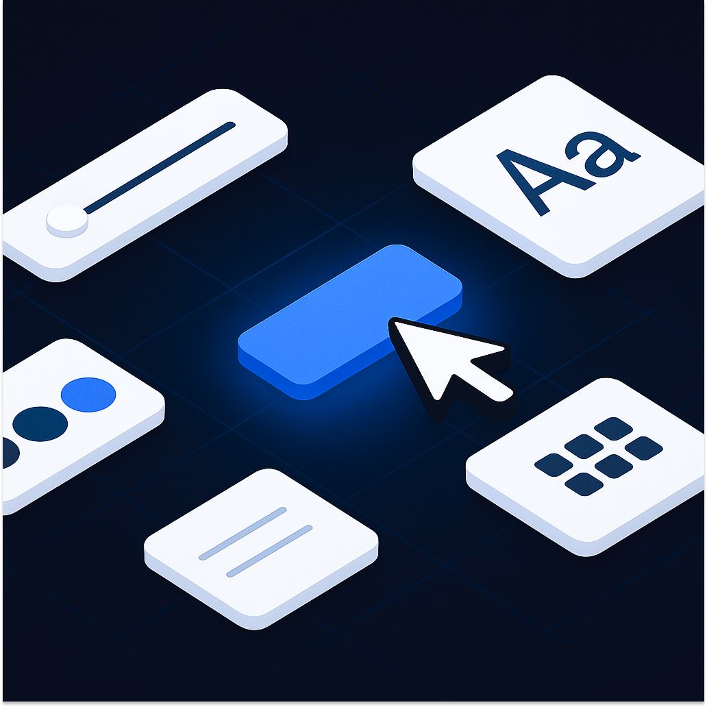 Componentes de interface (tipografia, controles e botões) representando personalização do site