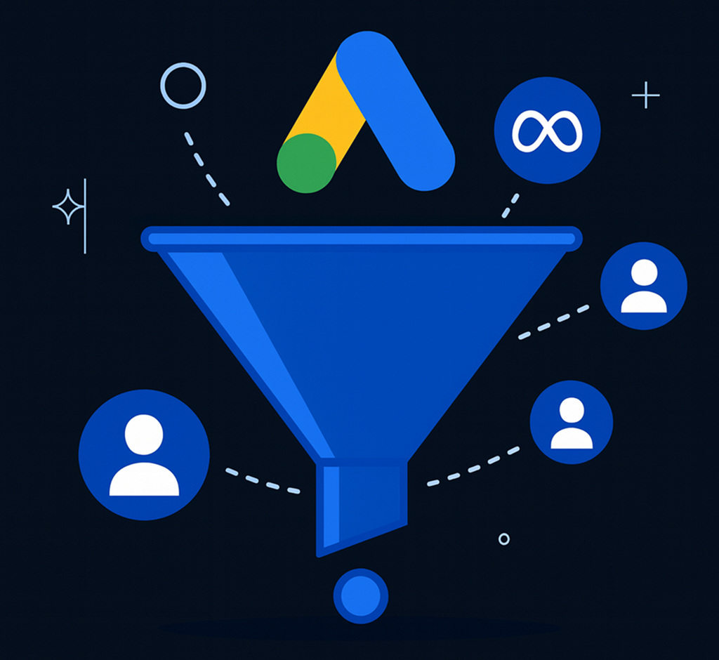Ilustração de funil de marketing com logos Google Ads e Meta, representando aquisição e conversão de tráfego pago.