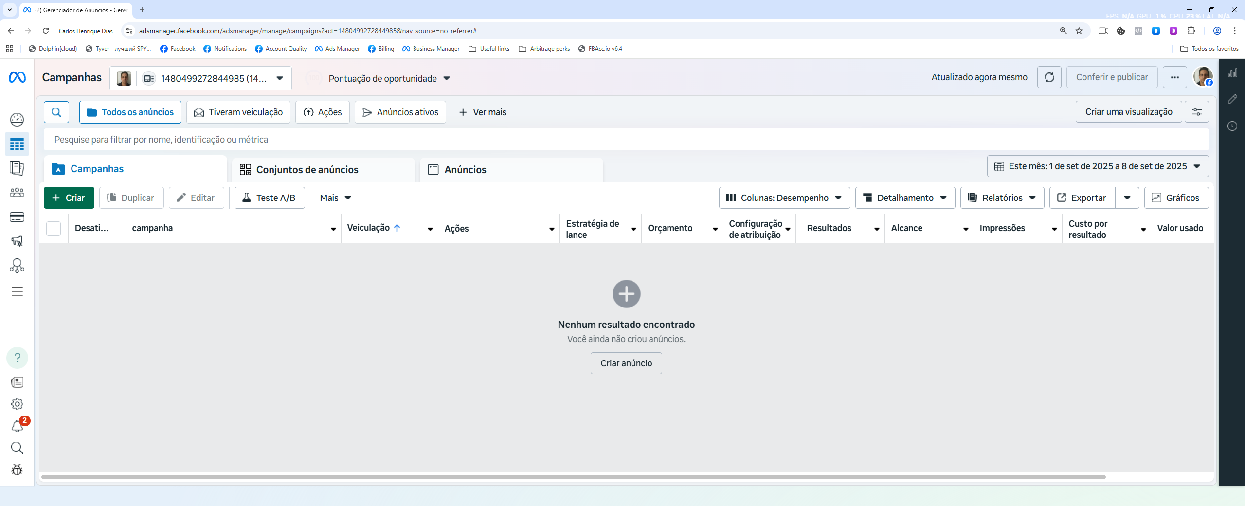 Tela do Gerenciador de Anúncios (Meta Ads) no início da minha jornada com tráfego pago