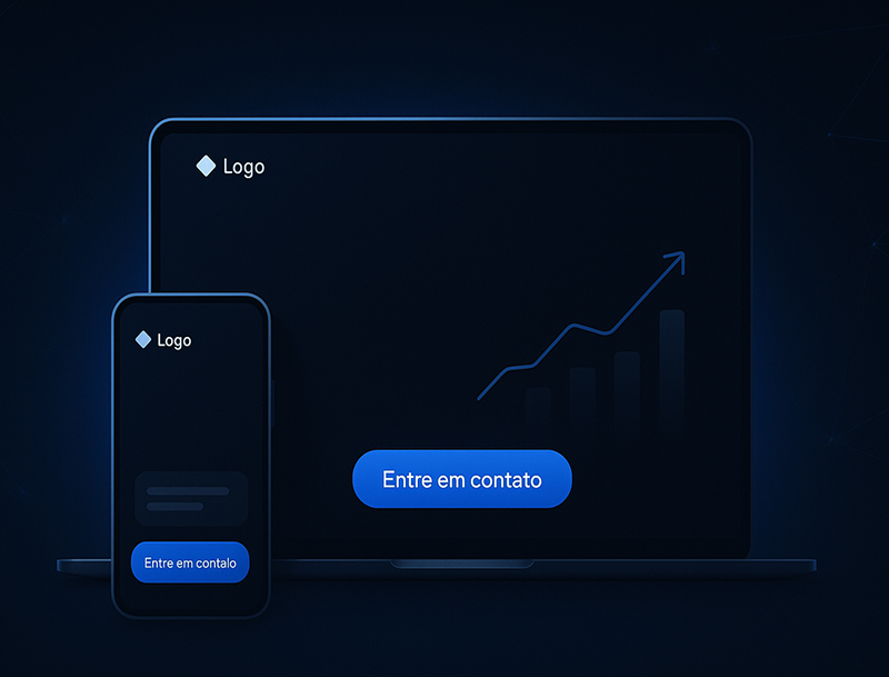 Mockup de notebook e celular com gráfico de crescimento e botão “Entre em contato”.
